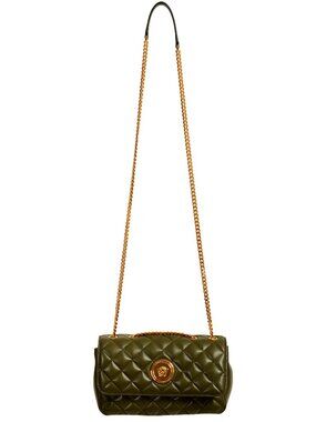 Versace Women's Olive Leather Gold Medusa Quilted Small Handbag Shoulder Bag